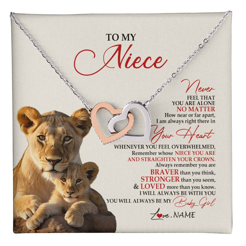 Interlocking Hearts Necklace Stainless Steel & Rose Gold Finish | 1 | Personalized To My Niece Necklace From Aunt Auntie Never Feel You Are Alone Lion Niece Birthday Graduation Christmas Customized Gift Box Message Card | teecentury