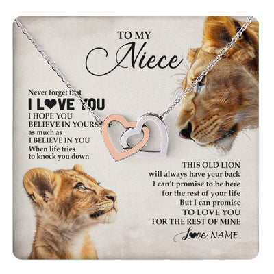 Interlocking Hearts Necklace Stainless Steel & Rose Gold Finish | 1 | Personalized To My Niece Necklace From Aunt Auntie Never Forget I Love You Lion Niece Birthday Graduation Christmas Customized Message Card | https://teecentury.