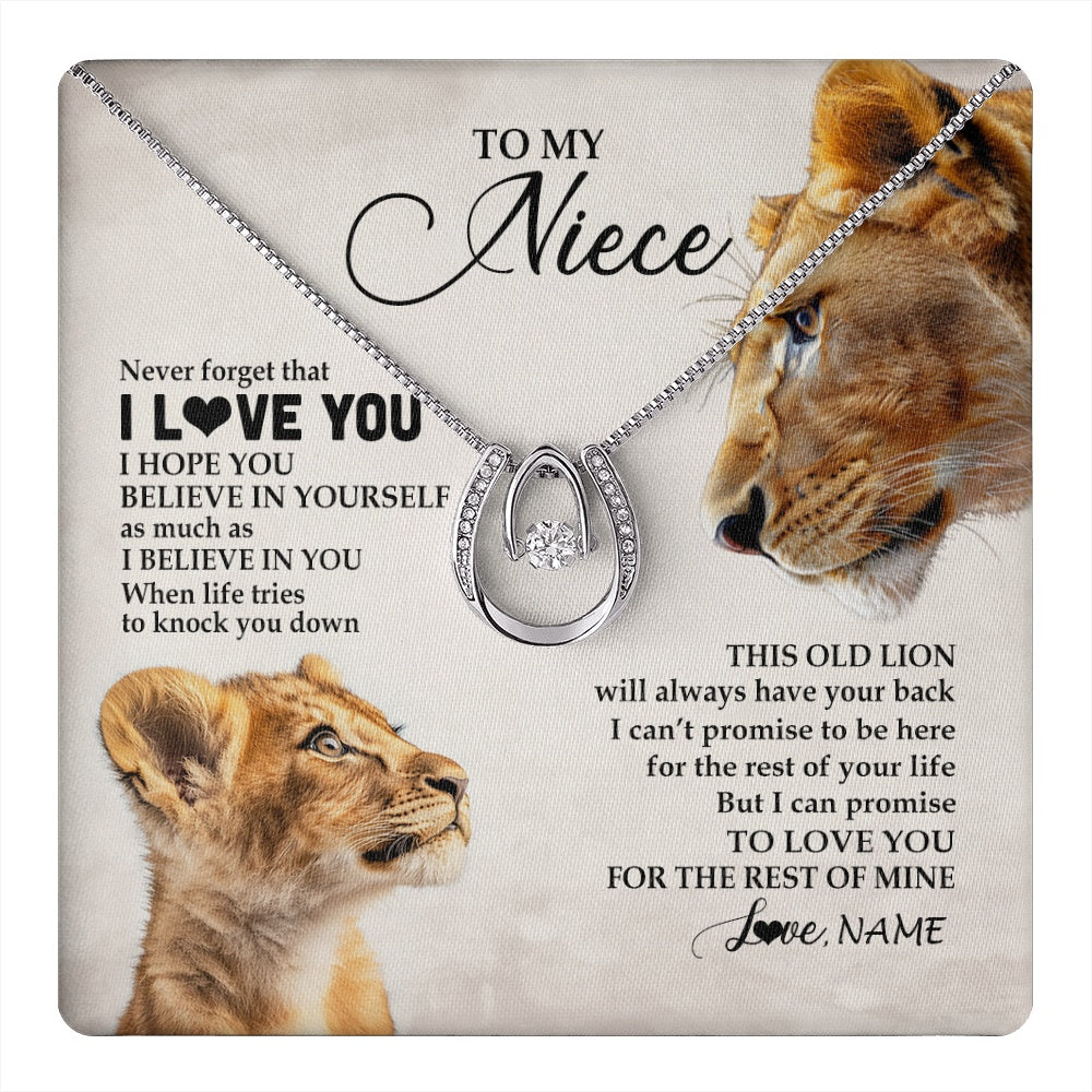 Lucky In Love Necklace 14K White Gold Finish | 1 | Personalized To My Niece Necklace From Aunt Auntie Never Forget I Love You Lion Niece Birthday Graduation Christmas Customized Message Card | https://teecentury.