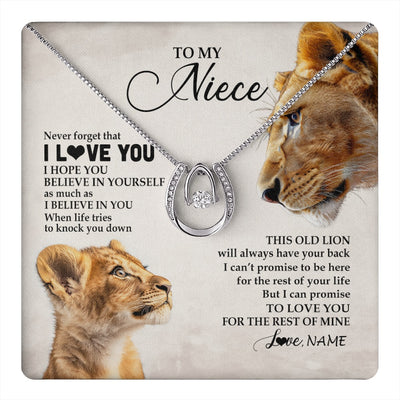 Lucky In Love Necklace 14K White Gold Finish | 1 | Personalized To My Niece Necklace From Aunt Auntie Never Forget I Love You Lion Niece Birthday Graduation Christmas Customized Message Card | https://teecentury.