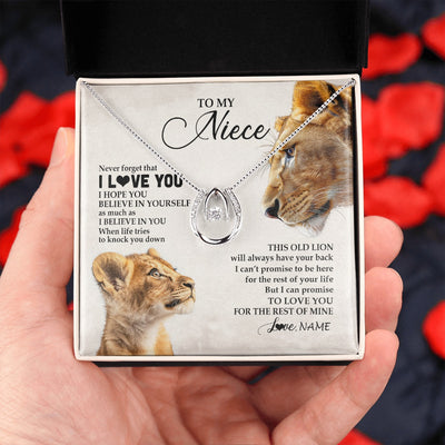 Lucky In Love Necklace 14K White Gold Finish | 2 | Personalized To My Niece Necklace From Aunt Auntie Never Forget I Love You Lion Niece Birthday Graduation Christmas Customized Message Card | https://teecentury.