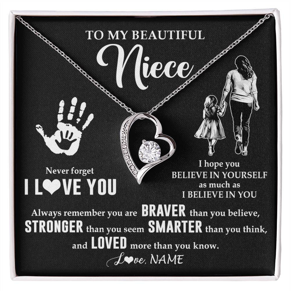 Forever Love Necklace 14K White Gold Finish | 1 | Personalized To My Niece Necklace From Aunt Auntie Never Forget I Love You Niece Birthday Gifts Christmas New Year Graduation Customized Gift Box Message Card | teecentury
