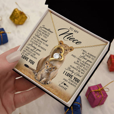 Forever Love Necklace 18K Yellow Gold Finish | 2 | Personalized To My Niece Necklace From Aunt Auntie Sometimes It's Hard Lion Niece Gift Birthday Jewelry Graduation Christmas Customized Gift Box Message Card | teecentury