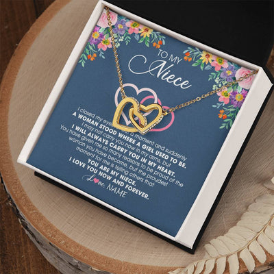 Interlocking Hearts Necklace 18K Yellow Gold Finish | Personalized To My Niece Necklace From Aunt Auntie Uncle I Love You Now And Forever Jewelry For Niece Birthday Graduation Christmas Customized Message Card | teecentury