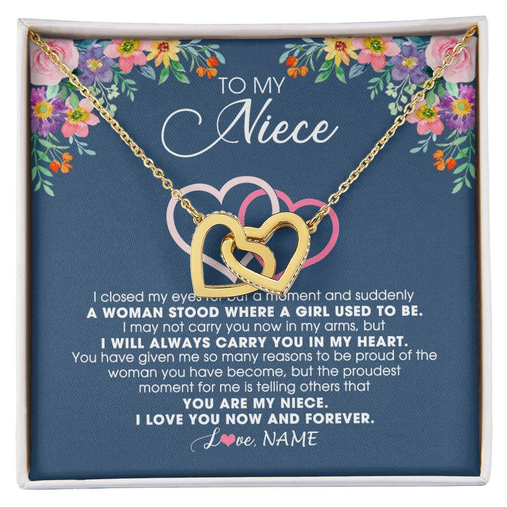 Interlocking Hearts Necklace 18K Yellow Gold Finish | Personalized To My Niece Necklace From Aunt Auntie Uncle I Love You Now And Forever Jewelry For Niece Birthday Graduation Christmas Customized Message Card | teecentury
