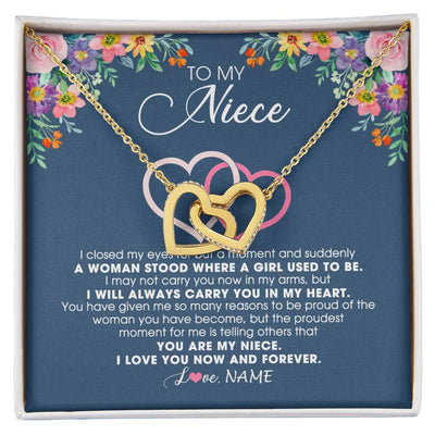 Interlocking Hearts Necklace 18K Yellow Gold Finish | Personalized To My Niece Necklace From Aunt Auntie Uncle I Love You Now And Forever Jewelry For Niece Birthday Graduation Christmas Customized Message Card | teecentury