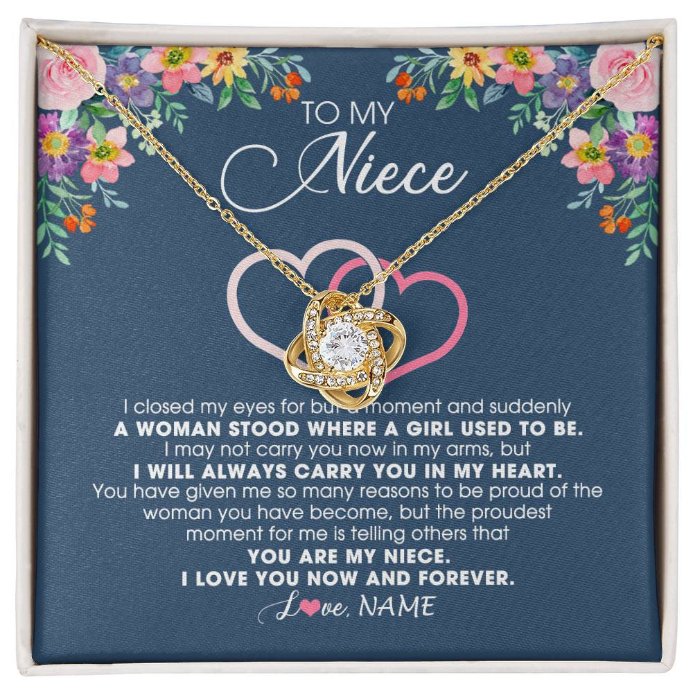 Love Knot Necklace 18K Yellow Gold Finish | Personalized To My Niece Necklace From Aunt Auntie Uncle I Love You Now And Forever Jewelry For Niece Birthday Graduation Christmas Customized Message Card | teecentury