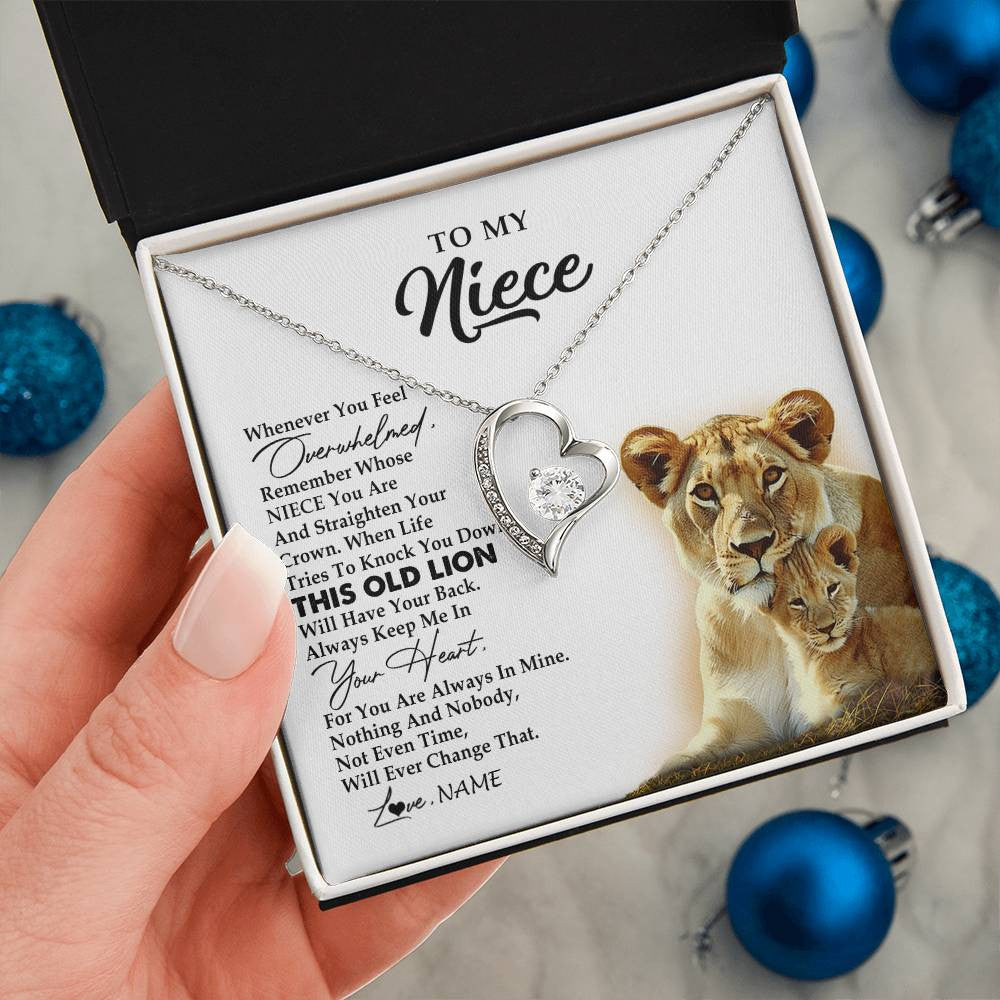 Forever Love Necklace 14K White Gold Finish | 2 | Personalized To My Niece Necklace From Aunt Auntie Whenever You Fell Overwhelmed Lion Niece Birthday Graduation Christmas Customized Gift Box Message Card | teecentury