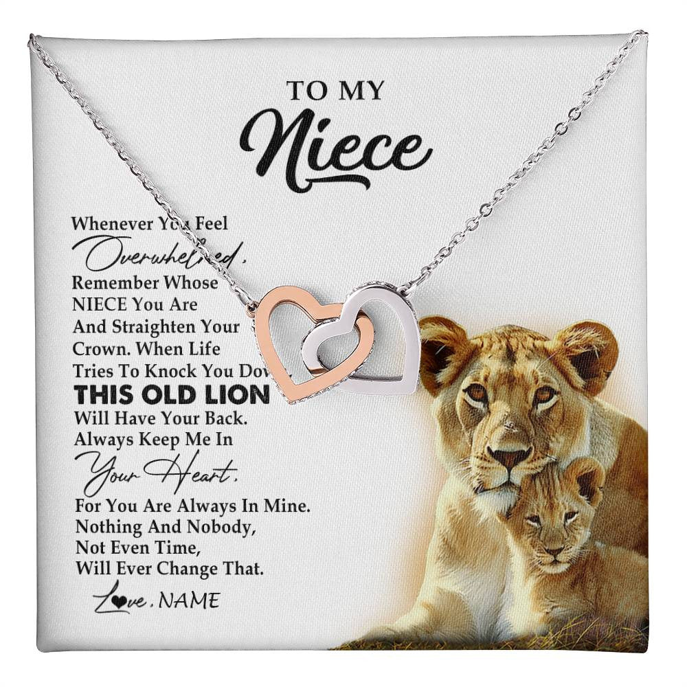 Interlocking Hearts Necklace Stainless Steel & Rose Gold Finish | 1 | Personalized To My Niece Necklace From Aunt Auntie Whenever You Fell Overwhelmed Lion Niece Birthday Graduation Christmas Customized Gift Box Message Card | teecentury