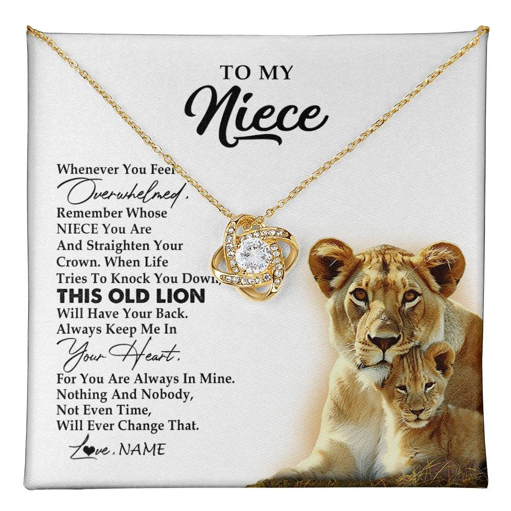 Love Knot Necklace 18K Yellow Gold Finish | 1 | Personalized To My Niece Necklace From Aunt Auntie Whenever You Fell Overwhelmed Lion Niece Birthday Graduation Christmas Customized Gift Box Message Card | teecentury