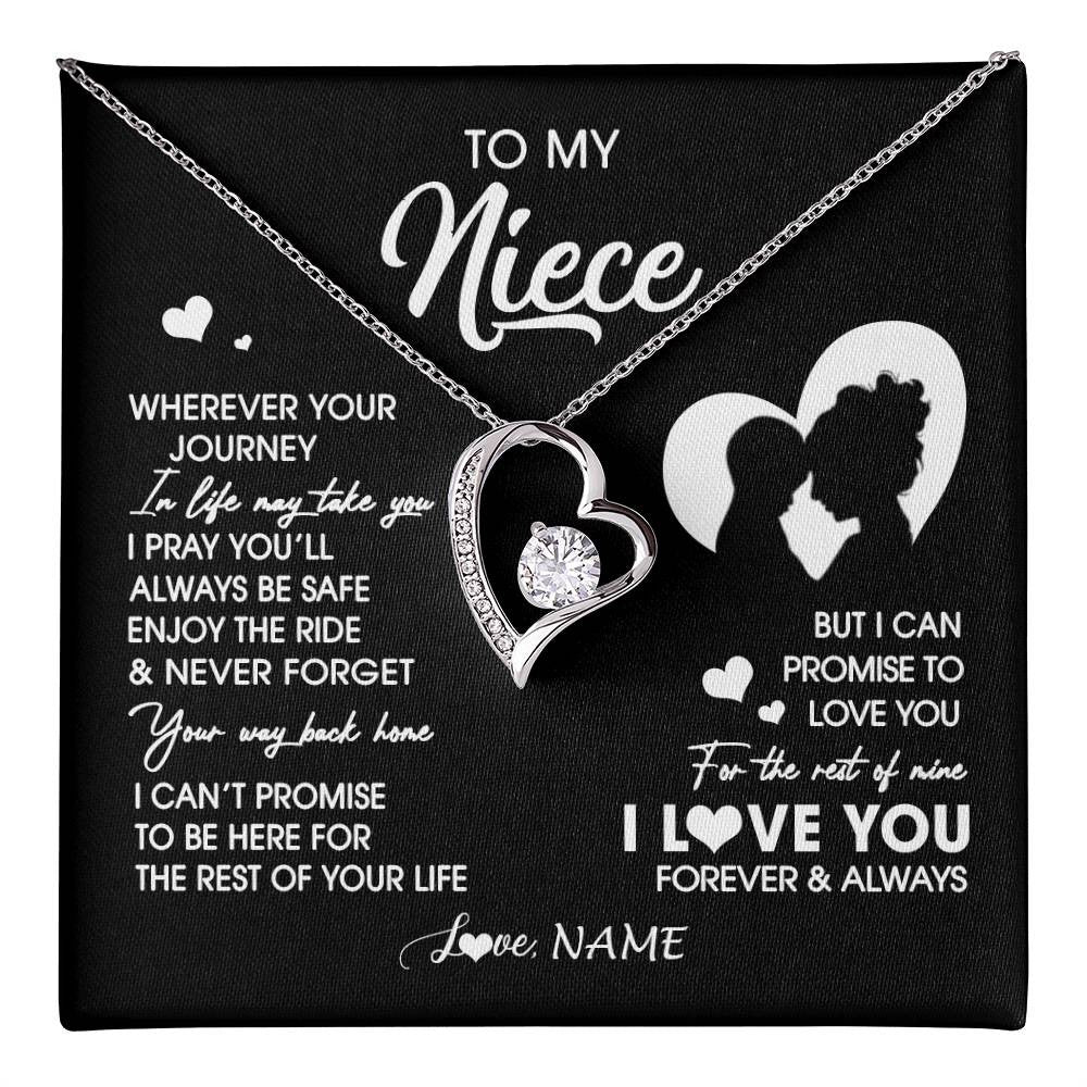 Forever Love Necklace 14K White Gold Finish | 1 | Personalized To My Niece Necklace From Aunt Auntie Wherever Your Journey Niece Birthday Gifts Jewelry Graduation Christmas Customized Gift Box Message Card | teecentury