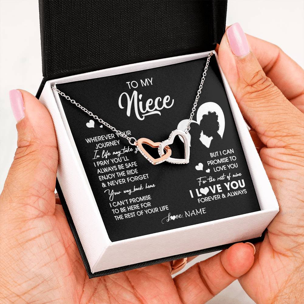 Interlocking Hearts Necklace Stainless Steel & Rose Gold Finish | 2 | Personalized To My Niece Necklace From Aunt Auntie Wherever Your Journey Niece Birthday Gifts Jewelry Graduation Christmas Customized Gift Box Message Card | teecentury