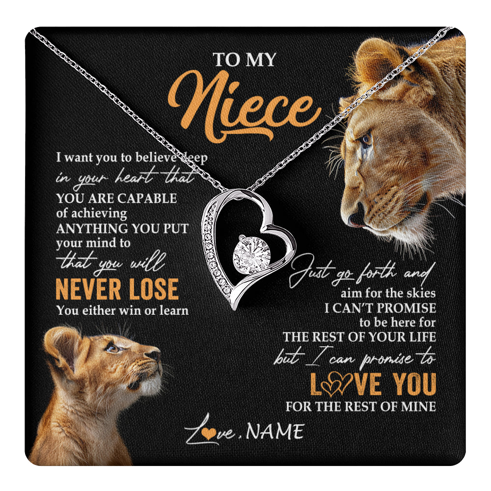 Forever Love Necklace 14K White Gold Finish | 1 | Personalized To My Niece Necklace From Aunt Auntie You Will Never Lose Lion Niece Birthday Gifts Graduation Christmas Customized Gift Box Message Card | teecentury