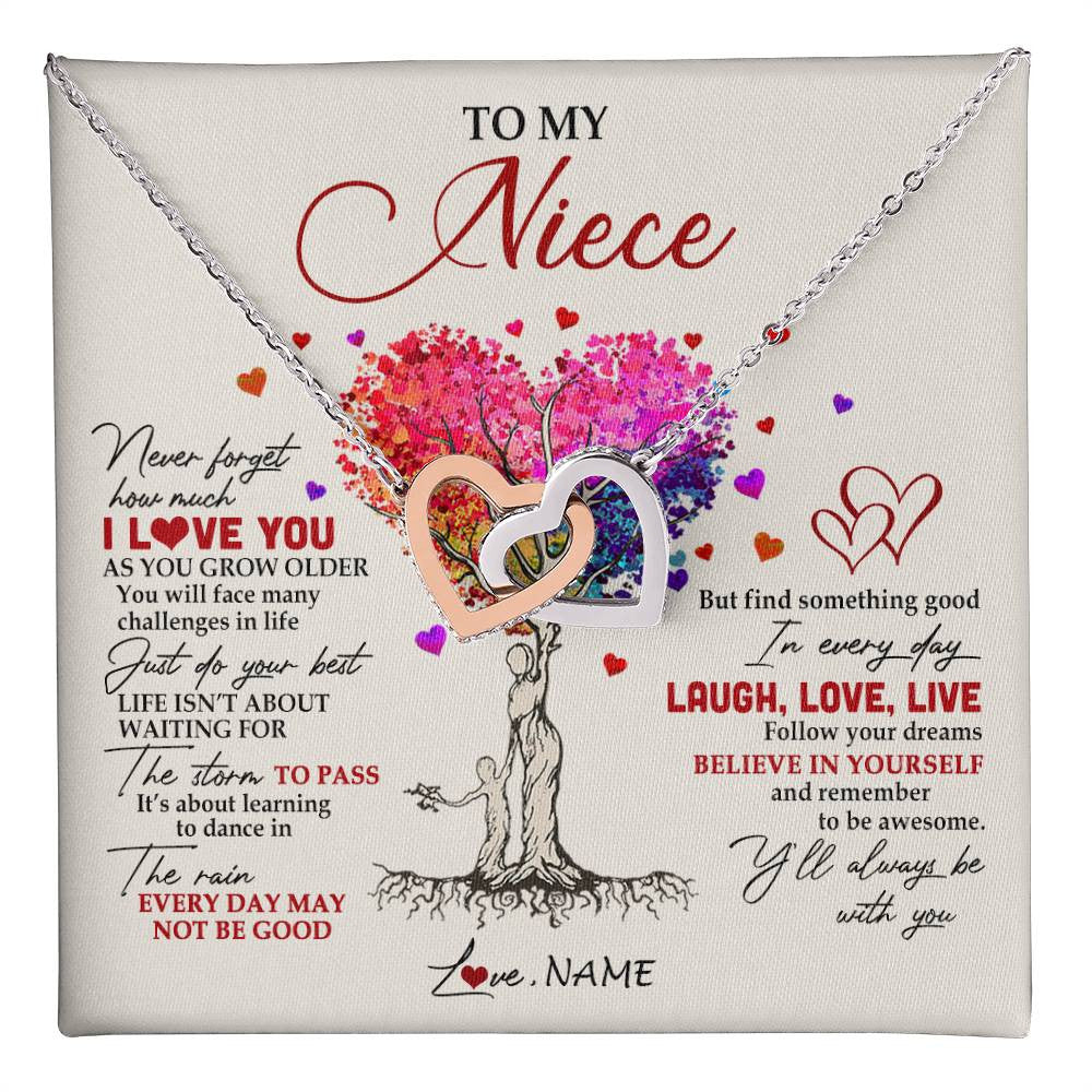 Interlocking Hearts Necklace Stainless Steel & Rose Gold Finish | 1 | Personalized To My Niece Necklace From Aunt Aunty Colorful Tree Never Forget I Love You Niece Birthday Graduation Christmas Customized Gift Box Message Card | teecentury