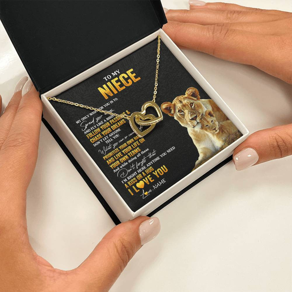 Interlocking Hearts Necklace 18K Yellow Gold Finish | 2 | Personalized To My Niece Necklace From Aunt Aunty Lion My Only Wish For You Niece Birthday Graduation Christmas Customized Gift Box Message Card | teecentury