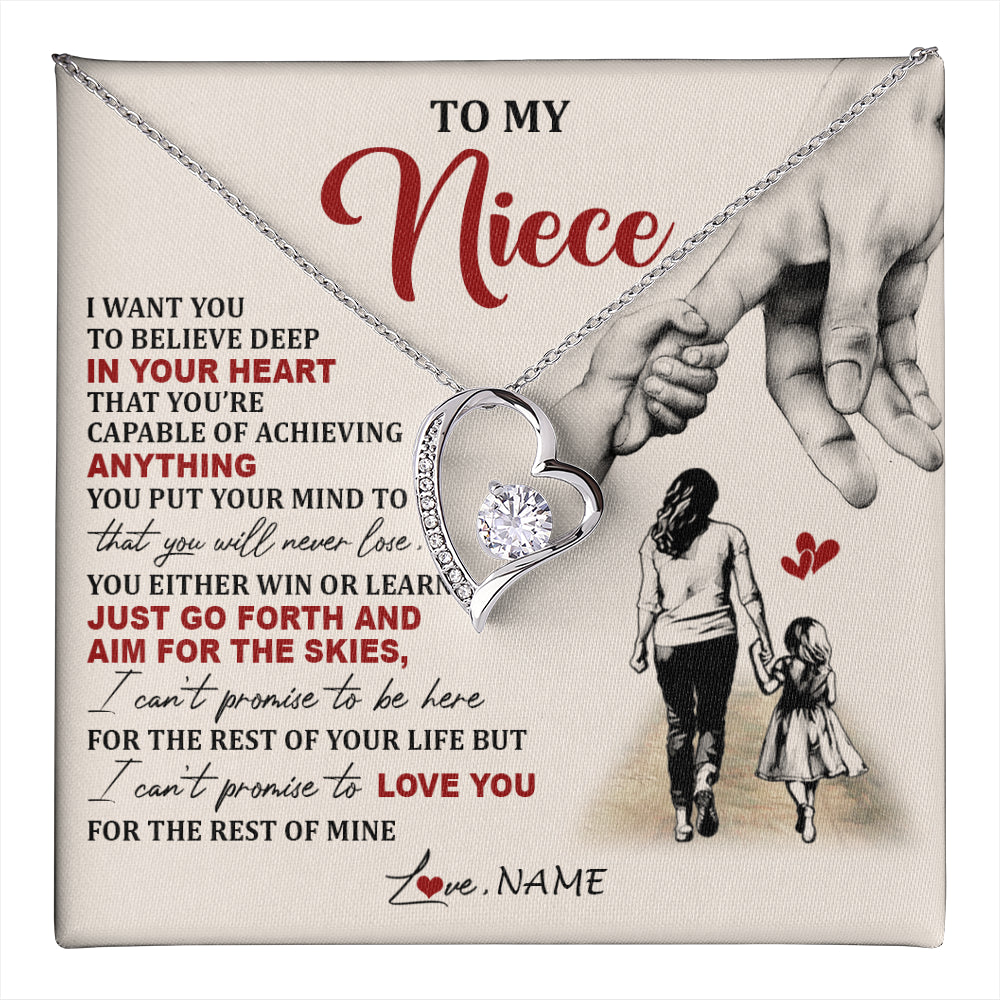 Forever Love Necklace 14K White Gold Finish | 1 | Personalized To My Niece Necklace From Aunt Promise To Love You Niece Birthday Valentines Day Graduation Christmas Customized Gift Box Message Card | teecentury
