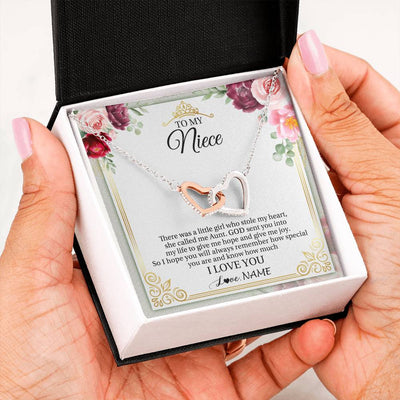 Interlocking Hearts Necklace Stainless Steel & Rose Gold Finish | 2 | Personalized To My Niece Necklace From Aunt There Was A Little Girl Niece Birthday Gifts Jewelry Graduation Christmas Customized Gift Box Message Card | teecentury