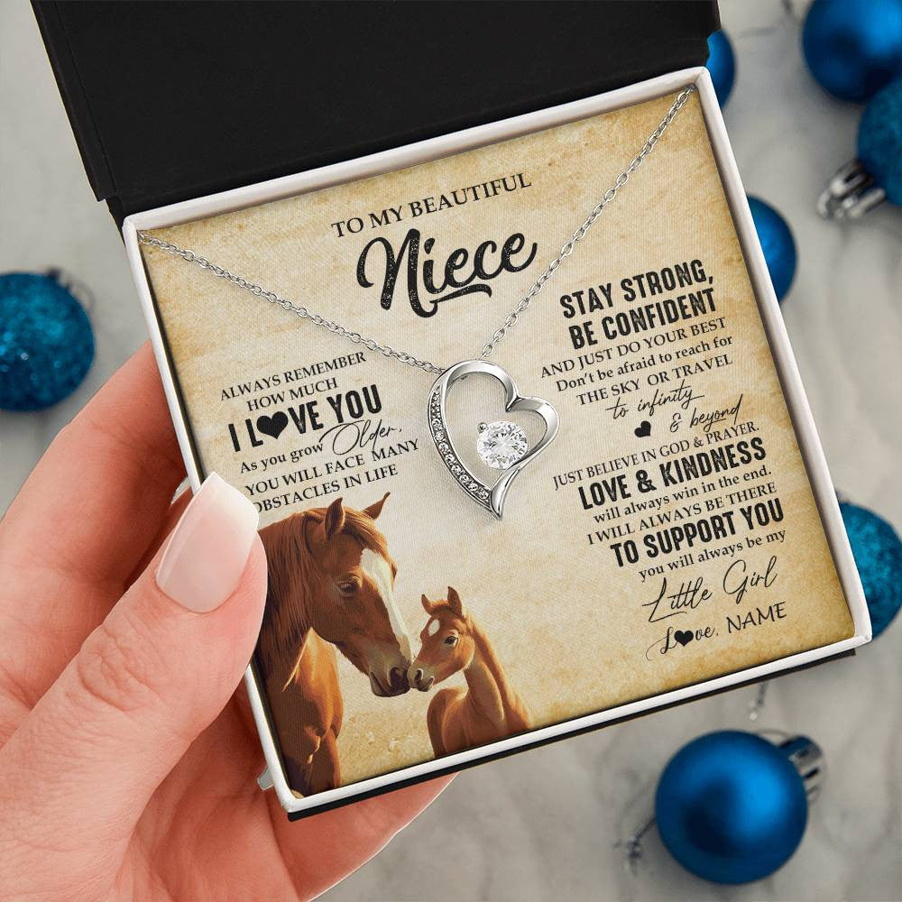Forever Love Necklace 14K White Gold Finish | 2 | Personalized To My Niece Necklace From Aunt Uncle Always Remember I Love You Horse Niece Birthday Jewelry Graduation Christmas Customized Gift Box Message Card | teecentury