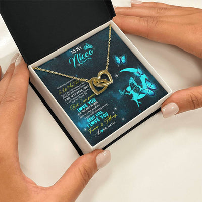 Interlocking Hearts Necklace 18K Yellow Gold Finish | 2 | Personalized To My Niece Necklace From Aunt Uncle Auntie Fairy Silhouette Fantasy Moon Niece Birthday Christmas Jewelry Customized Gift Box Message Card | teecentury