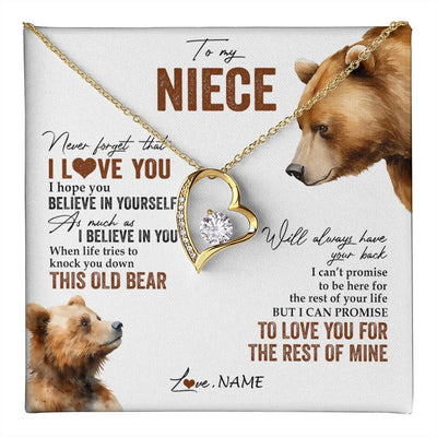 Forever Love Necklace 18K Yellow Gold Finish | 1 | Personalized To My Niece Necklace From Aunt Uncle Auntie Never Forget That I Love You Bear Niece Birthday Graduation Christmas Customized Gift Box Message Card | teecentury