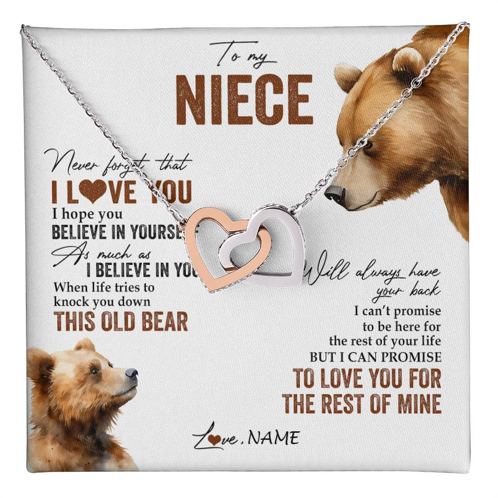 Interlocking Hearts Necklace Stainless Steel & Rose Gold Finish | 1 | Personalized To My Niece Necklace From Aunt Uncle Auntie Never Forget That I Love You Bear Niece Birthday Graduation Christmas Customized Gift Box Message Card | teecentury