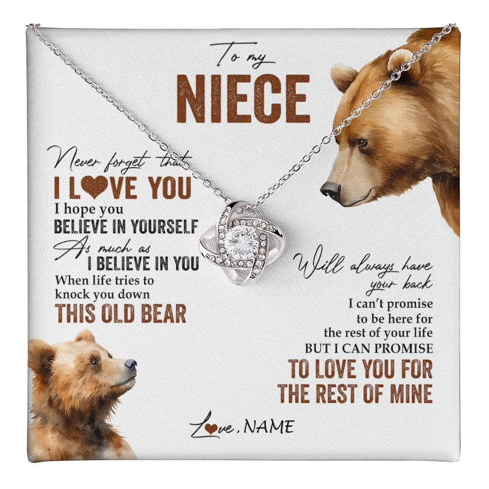 Love Knot Necklace 14K White Gold Finish | 1 | Personalized To My Niece Necklace From Aunt Uncle Auntie Never Forget That I Love You Bear Niece Birthday Graduation Christmas Customized Gift Box Message Card | teecentury
