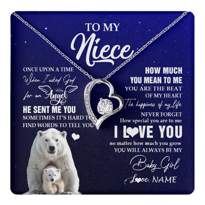 Forever Love Necklace 14K White Gold Finish | 1 | Personalized To My Niece Necklace From Aunt Uncle Auntie Polar Bear Never Forget I Love You Niece Birthday Christmas Jewelry Customized Gift Box Message Card | teecentury