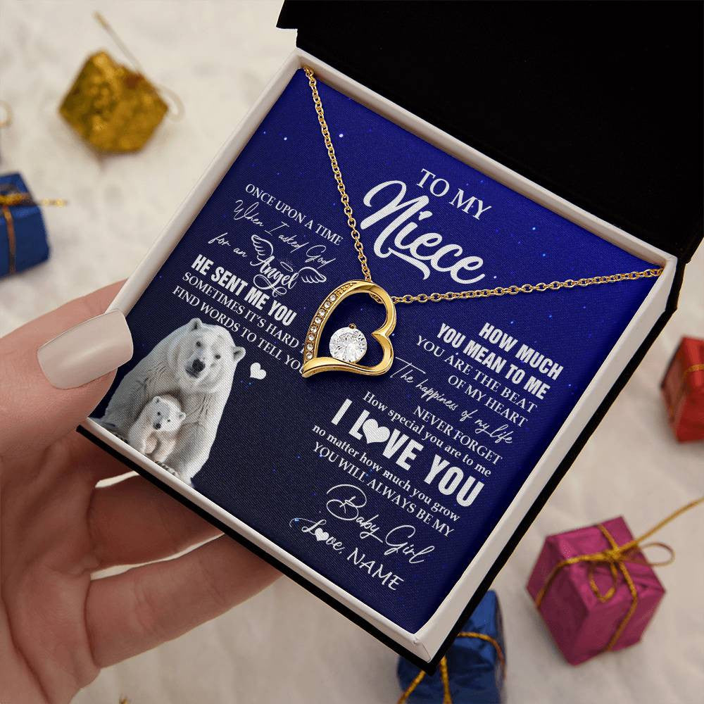 Forever Love Necklace 18K Yellow Gold Finish | 2 | Personalized To My Niece Necklace From Aunt Uncle Auntie Polar Bear Never Forget I Love You Niece Birthday Christmas Jewelry Customized Gift Box Message Card | teecentury