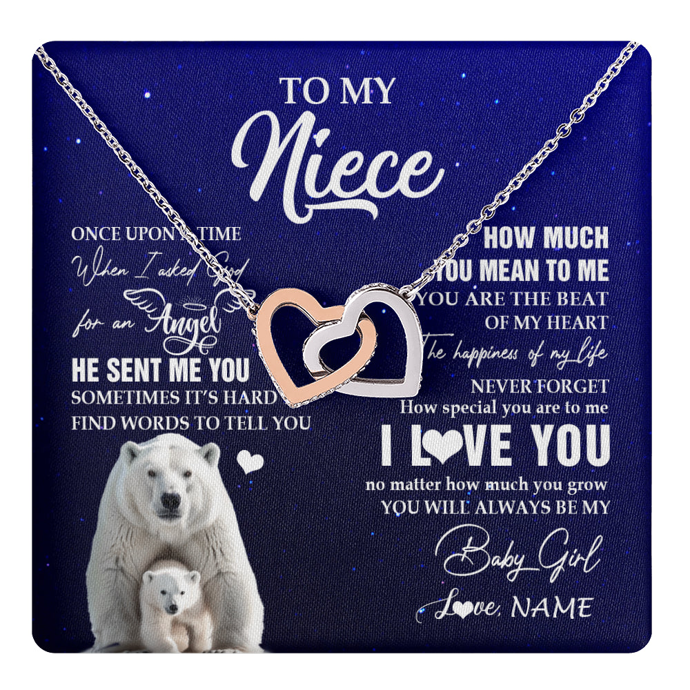 Interlocking Hearts Necklace Stainless Steel & Rose Gold Finish | 1 | Personalized To My Niece Necklace From Aunt Uncle Auntie Polar Bear Never Forget I Love You Niece Birthday Christmas Jewelry Customized Gift Box Message Card | teecentury