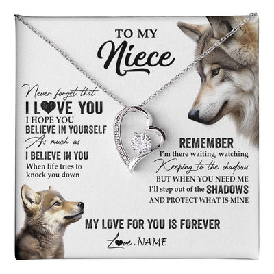 Forever Love Necklace 14K White Gold Finish | 1 | Personalized To My Niece Necklace From Aunt Uncle Auntie Wolf My Love For You Is Forever Niece Birthday Graduation Christmas Customized Gift Box Message Card | teecentury