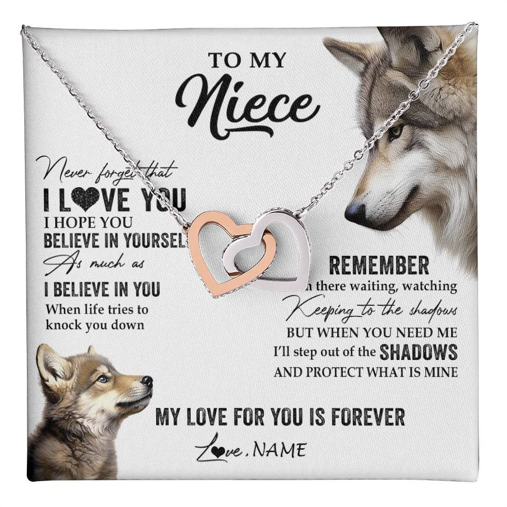 Interlocking Hearts Necklace Stainless Steel & Rose Gold Finish | 1 | Personalized To My Niece Necklace From Aunt Uncle Auntie Wolf My Love For You Is Forever Niece Birthday Graduation Christmas Customized Gift Box Message Card | teecentury