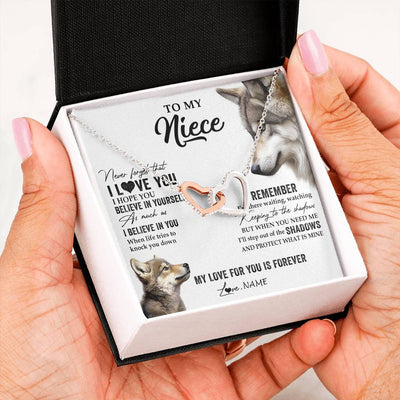 Interlocking Hearts Necklace Stainless Steel & Rose Gold Finish | 2 | Personalized To My Niece Necklace From Aunt Uncle Auntie Wolf My Love For You Is Forever Niece Birthday Graduation Christmas Customized Gift Box Message Card | teecentury