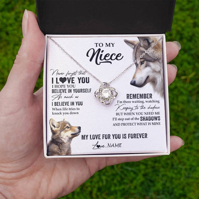 Love Knot Necklace 14K White Gold Finish | 2 | Personalized To My Niece Necklace From Aunt Uncle Auntie Wolf My Love For You Is Forever Niece Birthday Graduation Christmas Customized Gift Box Message Card | teecentury