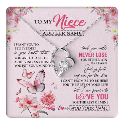 Forever Love Necklace 14K White Gold Finish | 1 | Personalized To My Niece Necklace From Aunt Uncle Auntie You Will Never Lose Butterfly Niece Birthday Gifts Graduation Christmas Custom Gift Box Message Card | teecentury