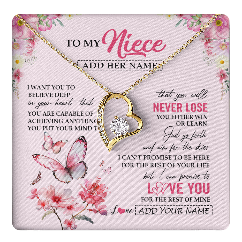 Forever Love Necklace 18K Yellow Gold Finish | 1 | Personalized To My Niece Necklace From Aunt Uncle Auntie You Will Never Lose Butterfly Niece Birthday Gifts Graduation Christmas Custom Gift Box Message Card | teecentury