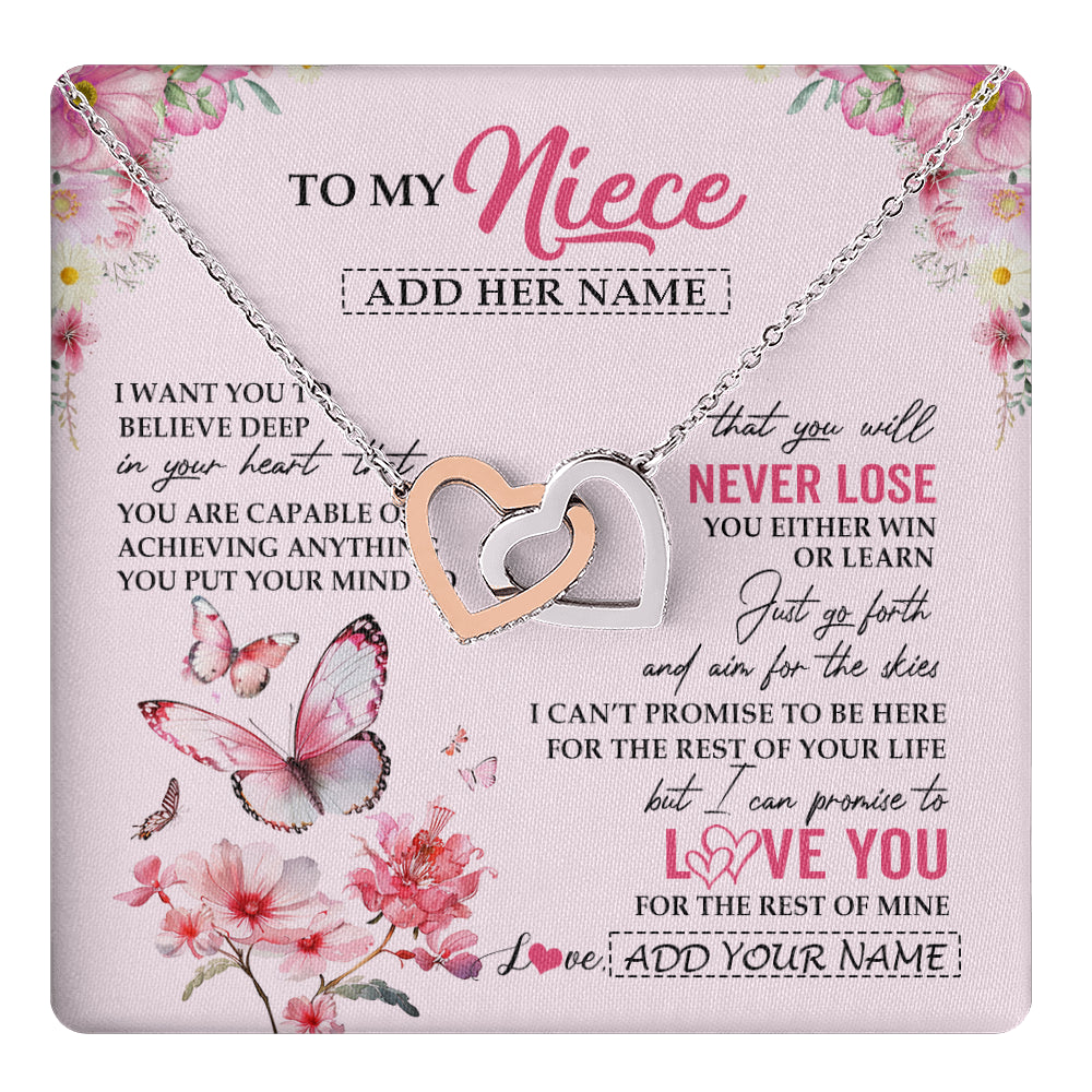 Interlocking Hearts Necklace Stainless Steel & Rose Gold Finish | 1 | Personalized To My Niece Necklace From Aunt Uncle Auntie You Will Never Lose Butterfly Niece Birthday Gifts Graduation Christmas Custom Gift Box Message Card | teecentury