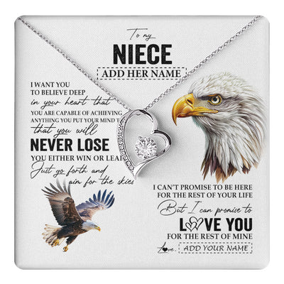 Forever Love Necklace 14K White Gold Finish | 1 | Personalized To My Niece Necklace From Aunt Uncle Auntie You Will Never Lose Eagle Niece Birthday Gifts Graduation Christmas Customized Gift Box Message Card | teecentury