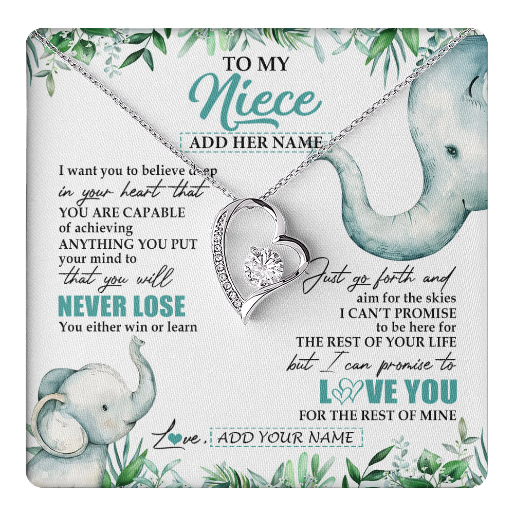 Forever Love Necklace 14K White Gold Finish | 1 | Personalized To My Niece Necklace From Aunt Uncle Auntie You Will Never Lose Elephant Niece Birthday Gifts Graduation Christmas Custom Gift Box Message Card | teecentury
