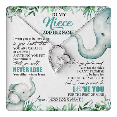 Forever Love Necklace 14K White Gold Finish | 1 | Personalized To My Niece Necklace From Aunt Uncle Auntie You Will Never Lose Elephant Niece Birthday Gifts Graduation Christmas Custom Gift Box Message Card | teecentury