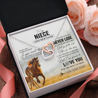 Interlocking Hearts Necklace Stainless Steel & Rose Gold Finish | 2 | Personalized To My Niece Necklace From Aunt Uncle Auntie You Will Never Lose Horse Niece Birthday Gifts Graduation Christmas Customized Gift Box Message Card | teecentury