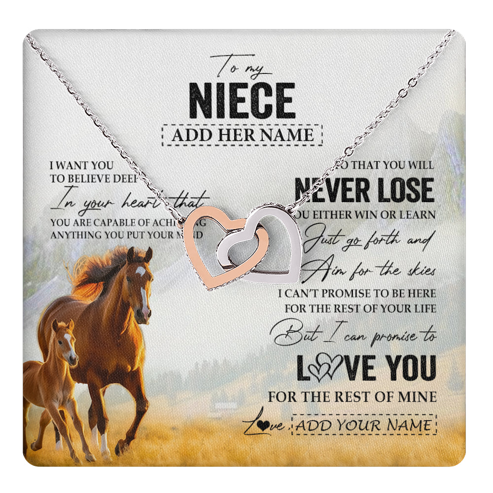 Interlocking Hearts Necklace Stainless Steel & Rose Gold Finish | 1 | Personalized To My Niece Necklace From Aunt Uncle Auntie You Will Never Lose Horse Niece Birthday Gifts Graduation Christmas Customized Gift Box Message Card | teecentury
