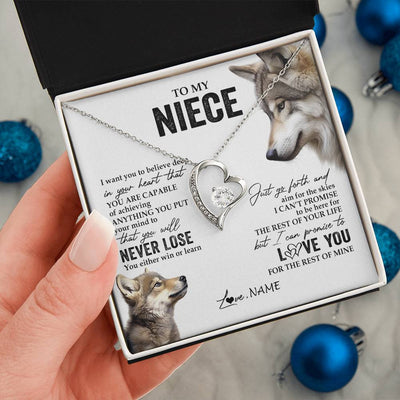 Forever Love Necklace 14K White Gold Finish | 2 | Personalized To My Niece Necklace From Aunt Uncle Auntie You Will Never Lose Wolf Niece Birthday Graduation Christmas Customized Gift Box Message Card | teecentury