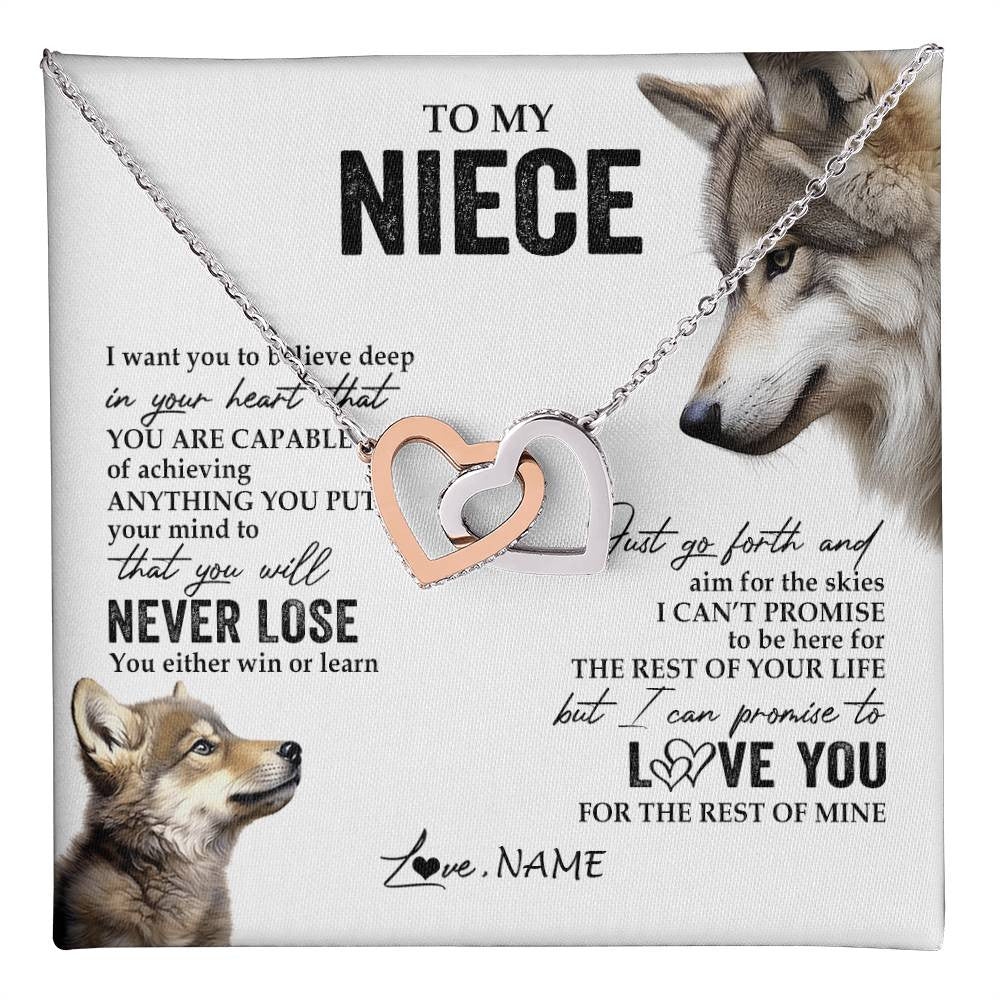 Interlocking Hearts Necklace Stainless Steel & Rose Gold Finish | 1 | Personalized To My Niece Necklace From Aunt Uncle Auntie You Will Never Lose Wolf Niece Birthday Graduation Christmas Customized Gift Box Message Card | teecentury