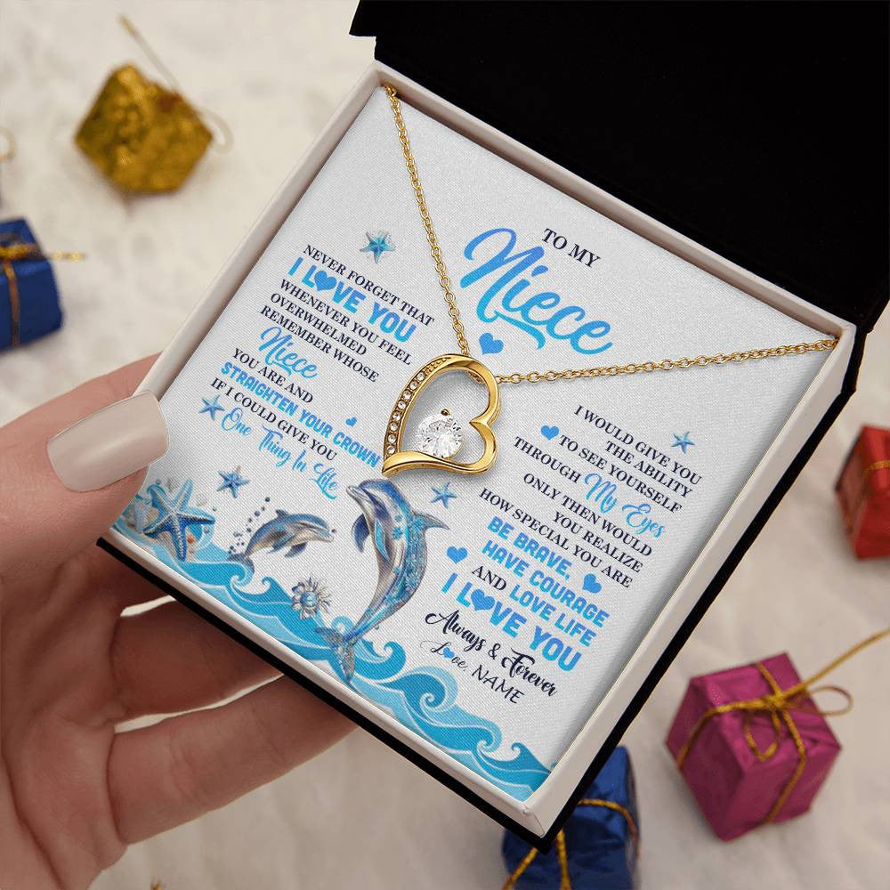 Forever Love Necklace 18K Yellow Gold Finish | 2 | Personalized To My Niece Necklace From Aunt Uncle Dophin Never Forget I Love You Niece Birthday Gifts Jewelry Christmas Customized Gift Box Message Card | teecentury