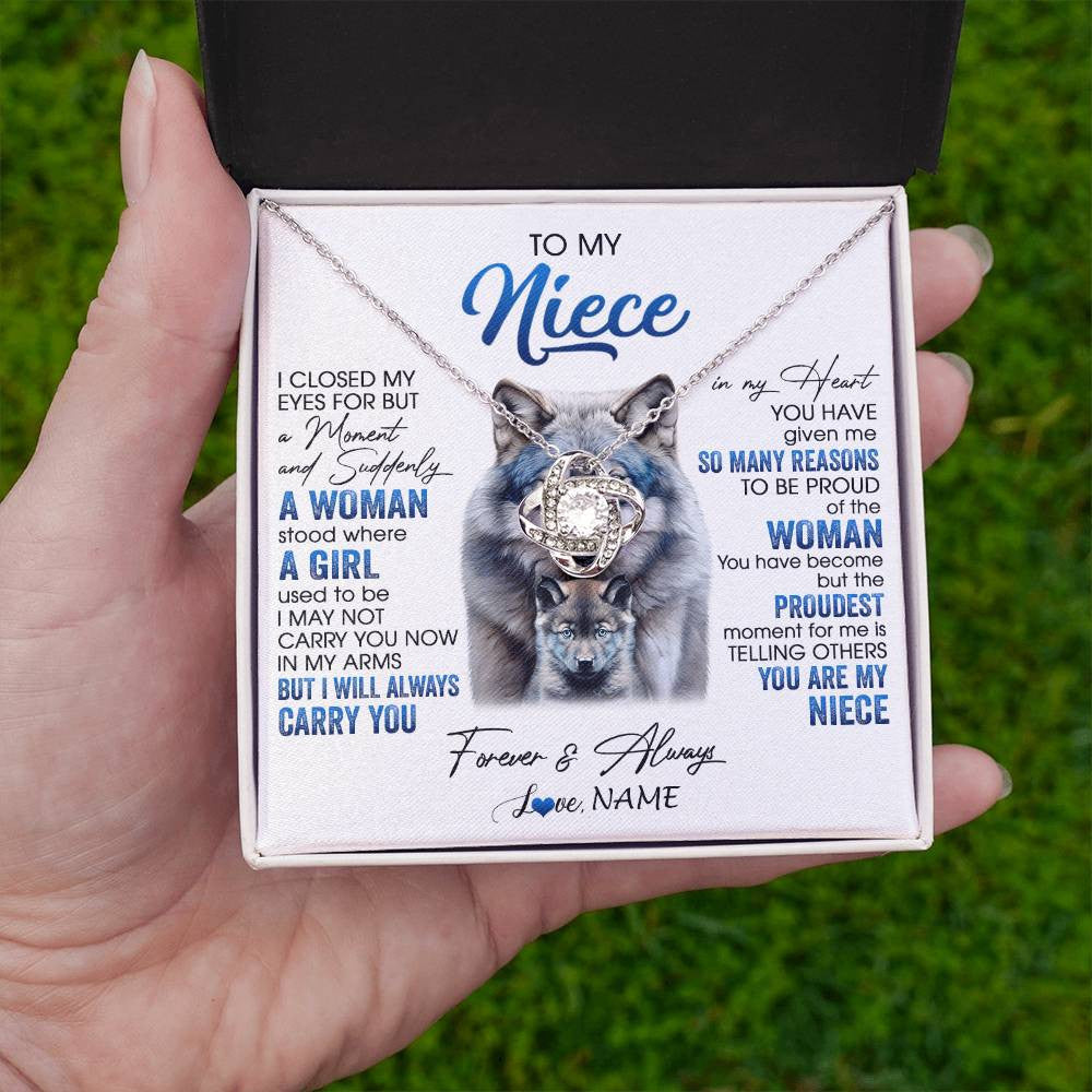 Love Knot Necklace 14K White Gold Finish | 2 | Personalized To My Niece Necklace From Aunt Uncle I Close My Eyes For But A Moment Wolf Niece Birthday Gifts Christmas Customized Gift Box Message Card | teecentury