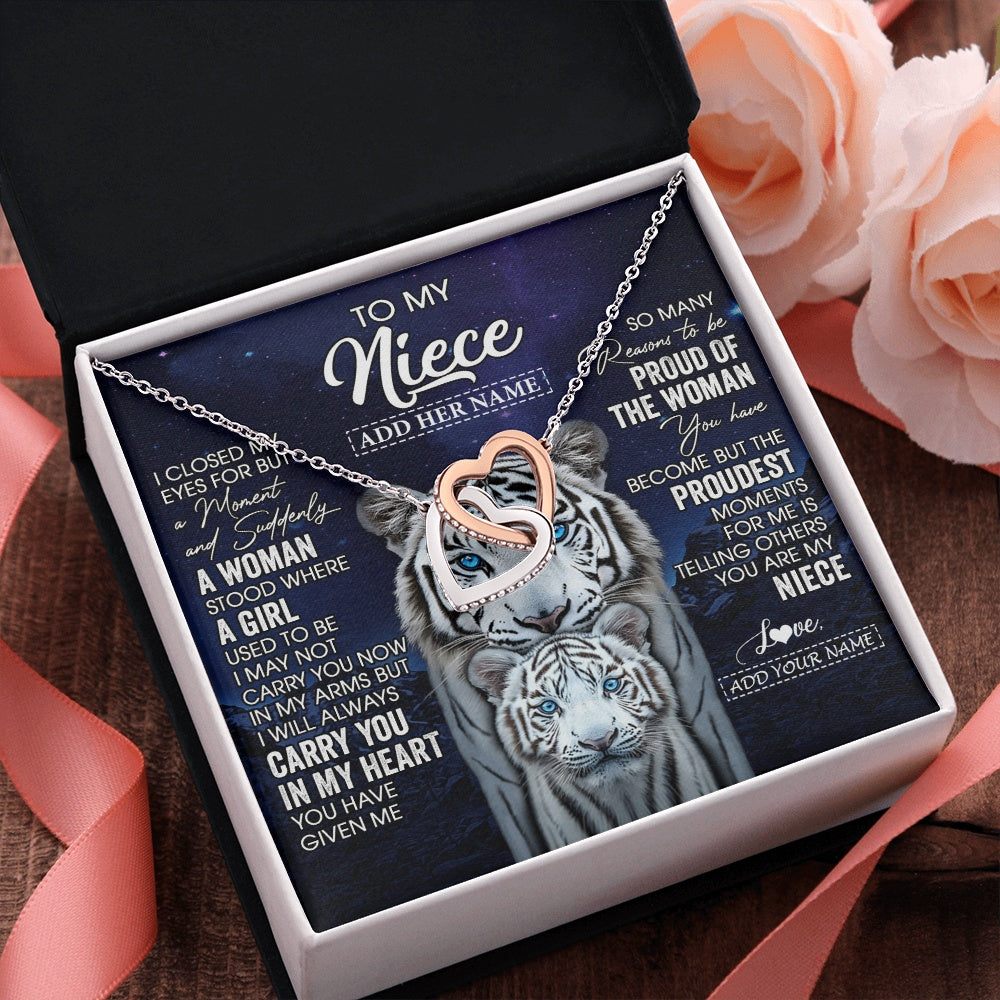Interlocking Hearts Necklace Stainless Steel & Rose Gold Finish | 2 | Personalized To My Niece Necklace From Aunt Uncle I Close My Eyes White Tiger Niece Birthday Gift Graduation Christmas Custom Gift Box Message Card | https://teecentury.
