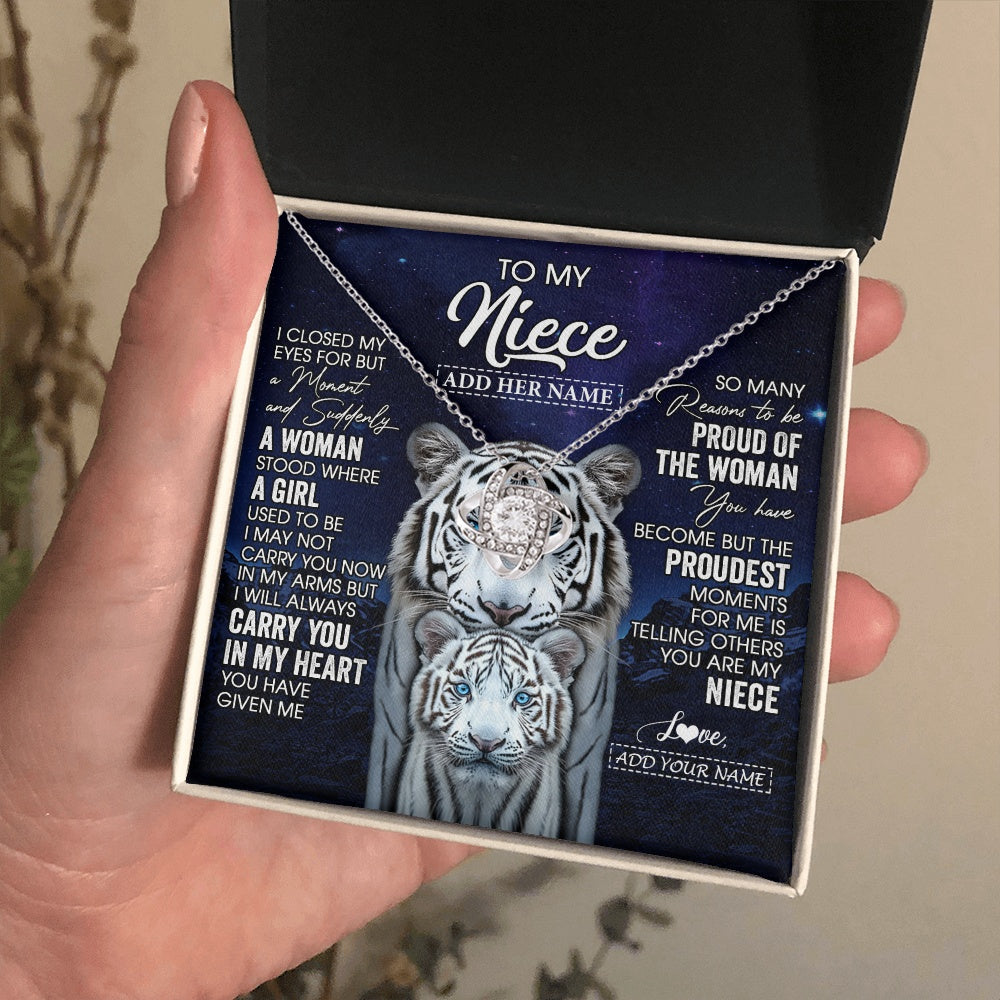 Love Knot Necklace 14K White Gold Finish | 2 | Personalized To My Niece Necklace From Aunt Uncle I Close My Eyes White Tiger Niece Birthday Gift Graduation Christmas Custom Gift Box Message Card | https://teecentury.