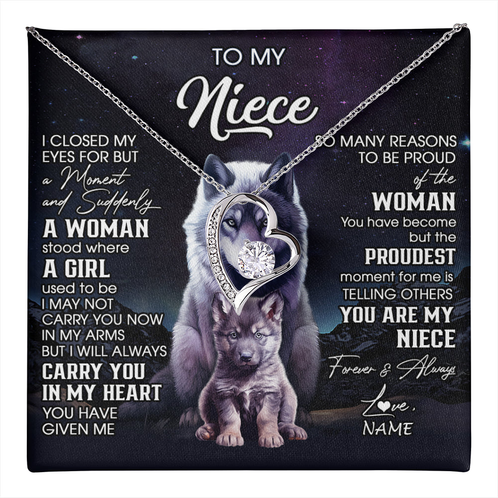 Forever Love Necklace 14K White Gold Finish | 1 | Personalized To My Niece Necklace From Aunt Uncle I Close My Eyes Wolf Niece Birthday Gifts Jewelry Graduation Christmas Customized Gift Box Message Card | teecentury