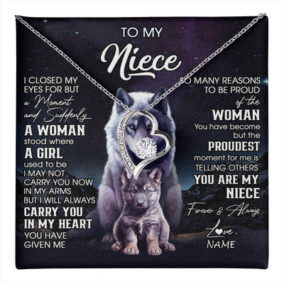 Forever Love Necklace 14K White Gold Finish | 1 | Personalized To My Niece Necklace From Aunt Uncle I Close My Eyes Wolf Niece Birthday Gifts Jewelry Graduation Christmas Customized Gift Box Message Card | teecentury