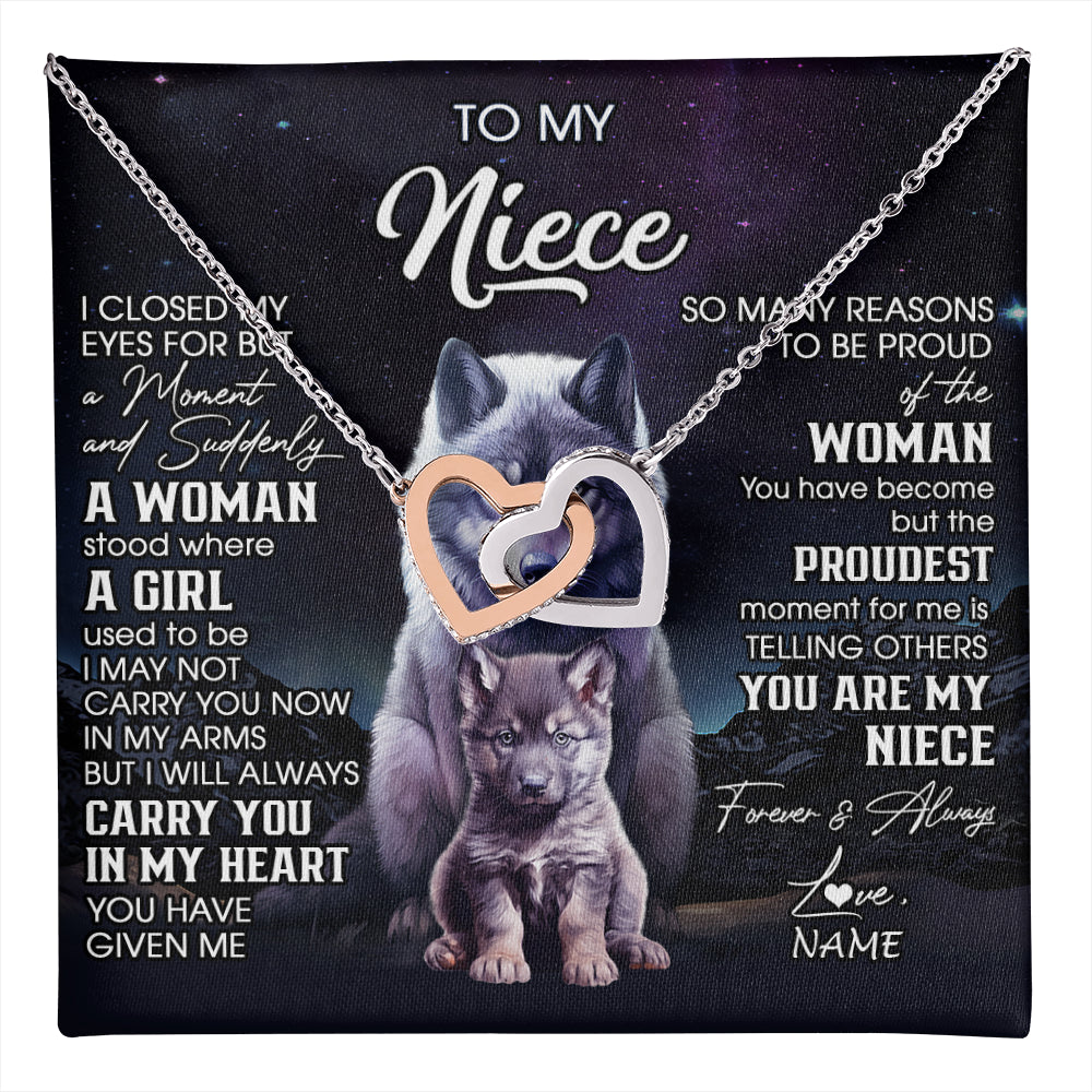Interlocking Hearts Necklace Stainless Steel & Rose Gold Finish | 1 | Personalized To My Niece Necklace From Aunt Uncle I Close My Eyes Wolf Niece Birthday Gifts Jewelry Graduation Christmas Customized Gift Box Message Card | teecentury